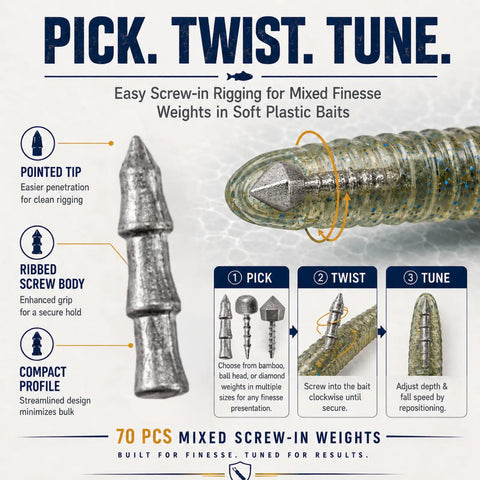 Slick Screw In Nail Fishing Weights Kit For Neko Rigs Soft Plastic Lures And Wacky Hooks Comes Loaded Inside Seven Sized Tin For Smooth Dropshots And Finesse Bass Tactics That Truly Slaps, showing pointed and ribbed weights with soft bait.
