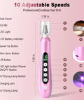Beast Mode Heavy Duty Electric Nail Drill And Cordless Nail File Rechargeable Professional Manicure Kit With Ten Grinding Heads For Flawless Gel Removal And Salon Grade Home Pedicures Rose Pink features labeled controls and adjustable speeds.