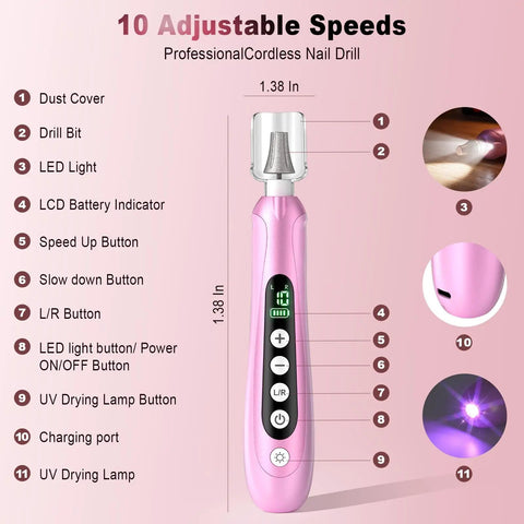 Beast Mode Heavy Duty Electric Nail Drill And Cordless Nail File Rechargeable Professional Manicure Kit With Ten Grinding Heads For Flawless Gel Removal And Salon Grade Home Pedicures Rose Pink features labeled controls and adjustable speeds.