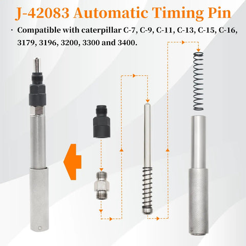 Heavy Duty Injector Sleeve Removal and Installer Kit With Timing Pin and Injector Height Tool Plus Engine Barring Socket For CAT Caterpillar 3406E C15 C16 Diesel Engines Built Tough timing pin components on display