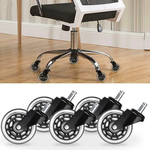 5pcs Inch Universal Wheel PU Metal Caster Smooth Silent on office chair, showcasing black wheels with silver rims.
