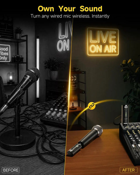 2.4GHz Wireless XLR Transmitter And Receiver Set for Live Shows showcasing before and after setup with wired and wireless microphones.