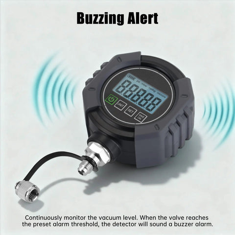 Dope Digital Vacuum Gauge For HVAC Evacuation Zero To Seventy Five Thousand Microns Range One Quarter Inch SAE Connection Pro Grade Digital Pressure Tester Meter With Three Way Connection And Extended Rod Portable High Accuracy Tool with alarm display
