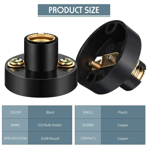 E10 Mini Bulbs With Socket Holder 1.5V 0.3A Warm White Lighting For DIY Projects, close-up of black plastic bulb holder