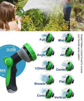 Garden hose spray nozzle, green and adjustable, with 10 spray patterns.