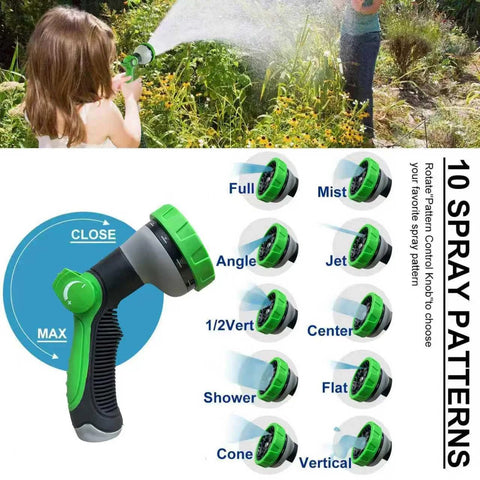 Garden hose spray nozzle, green and adjustable, with 10 spray patterns.