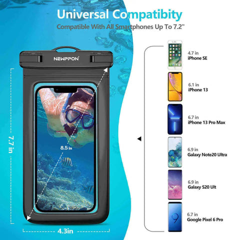 4 Pack 8.5 Inch Waterproof Phone Pouches With Lanyard For Beach And Travel, showing compatibility with multiple smartphone sizes