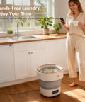 Woman enjoying coffee next to a 20 Liter Portable Washing Machine Delivering No Sweat Performance And Sweet Compact Build.
