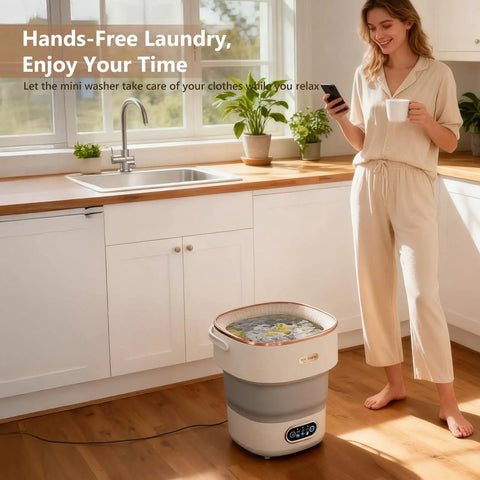 Woman enjoying coffee next to a 20 Liter Portable Washing Machine Delivering No Sweat Performance And Sweet Compact Build.