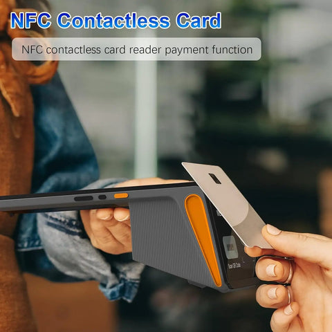 Person using NFC card with 4G And WiFi POS Terminal With Android 12, 3GB RAM, 16GB ROM, 8 Inch IPS Touch Screen, 58mm receipt printer