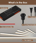 Contents of Six Piece Slat Wall Light Kit For Wood Panels With Adhesive Black LED Strips Easy Install Dimmable 3000K Warm Lighting
