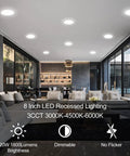 12 Pack 8 Inch LED Recessed Downlights With Junction Box Ultra Thin Design, Dimmable Canless Fixture in modern living room