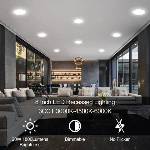 12 Pack 8 Inch LED Recessed Downlights With Junction Box Ultra Thin Design, Dimmable Canless Fixture in modern living room