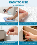 Soft Close Cabinet Bumpers Kit With 148 Pieces in use, showing application steps for self-adhesive silicone cushions on furniture.