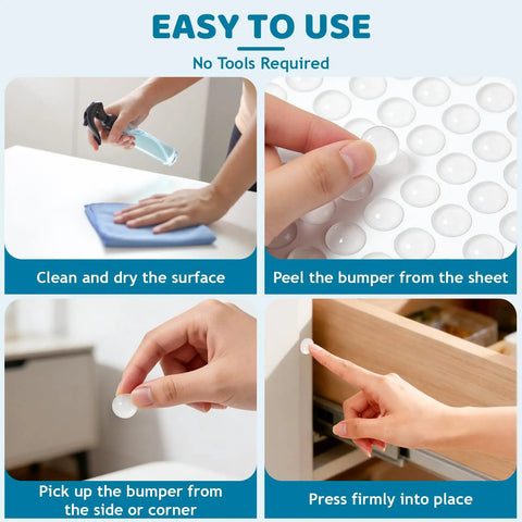 Soft Close Cabinet Bumpers Kit With 148 Pieces in use, showing application steps for self-adhesive silicone cushions on furniture.