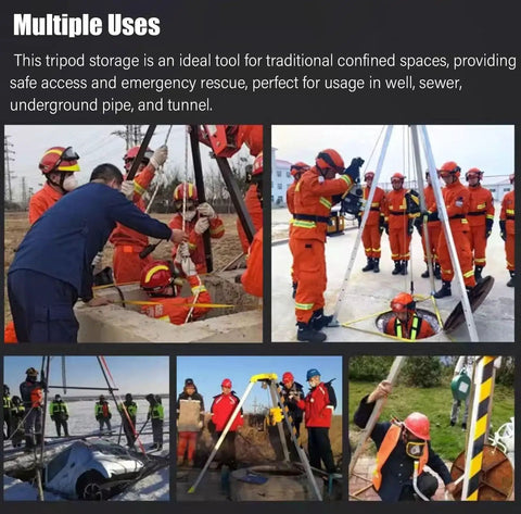 Rock Solid Confined Space Rescue Tripod Kit With Retractable Fall Arrest Harness And Heavy Duty Self Locking Winch For Vertical Roof And Manhole Lifting Jobs