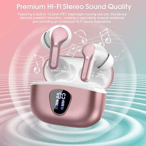 Bluetooth 5.4 Earbuds With ENC Noise Cancelling Mic, Dope HiFi Stereo Sound, IP7 Waterproof In Ear Headphones in case, Rose Gold
