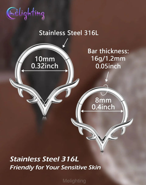 V Shaped 16G Septum Ring Clicker In 316L Stainless Steel With Wing Blade Piercing Jewelry For Nose, Daith, Helix And Cartilage, 10 Mm Inner Diameter, Women Friendly