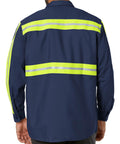 Men Heavy Duty High Visibility Work Shirt With Moisture Wicking Fabric And Bold Reflective Safety Strips Built Tough As Nails For The Daily Grind And All Day Comfort In Navy Yellow Green 3x Large, rear view with reflective stripes.