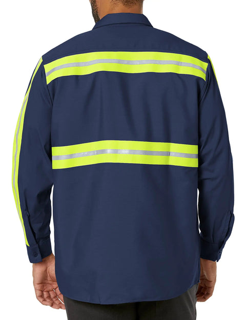 Men Heavy Duty High Visibility Work Shirt With Moisture Wicking Fabric And Bold Reflective Safety Strips Built Tough As Nails For The Daily Grind And All Day Comfort In Navy Yellow Green 3x Large, rear view with reflective stripes.
