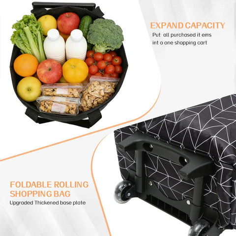 Heavy Duty Foldable Wheeled Grocery Cart With Insulated Waterproof Bag filled with groceries, black cart handle and wheels visible