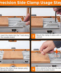 Four Piece Side Clamp Vise Aluminum Alloy Set With Ultra Low Profile Design For Compact Surface Machining On CNC Milling And Drill Press Equipment To Get Jobs Done Smoothly Without Any Hiccups showing usage steps with clamps securing a wooden board.
