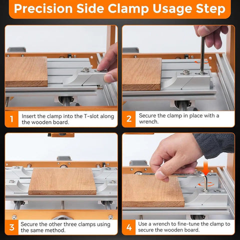 Step-by-step guide showing the Heavy Duty Aluminum Side Clamp Vise Set for CNC Milling Work Holds 60KN during setup.