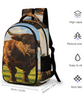 Dope Long Horn Brown Bull Print Backpack For Unisex Use, large capacity daypack shown, features measurements and material details.