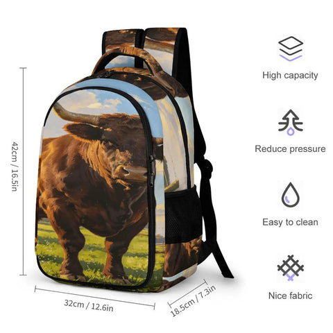 Dope Long Horn Brown Bull Print Backpack For Unisex Use, large capacity daypack shown, features measurements and material details.