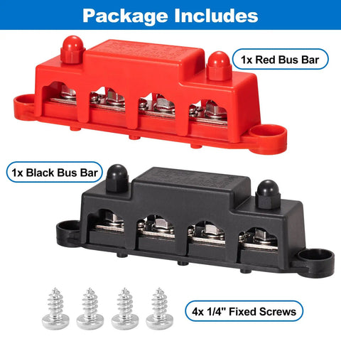 Heavy Duty 12V Bus Bar Power Distribution Block 250A Rock Solid Stainless Steel Junction Terminal Strip with red and black bars.