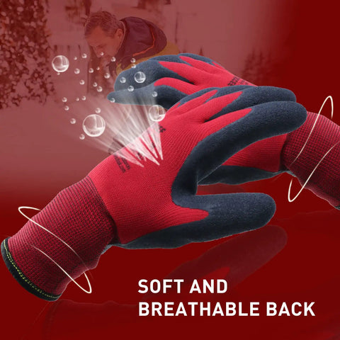 Two Pairs Winter Work Gloves For Men And Women Built For Cold Days Freezer Safe with nylon shell and fleece lining illustration.