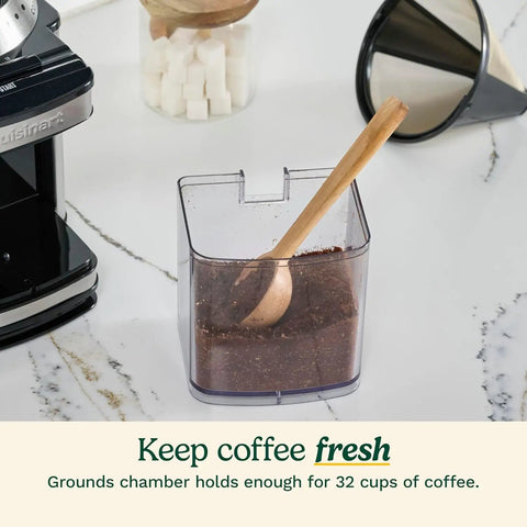 Electric Burr Coffee Grinder With One Touch Automation And Eighteen Position Grinding Dial For Hella Precise Fresh Beans Plus Super Fast Cleanup And Adjustable Cup Settings For Everyday Barista Vibes grounds container filled with coffee grounds and wooden scoop.