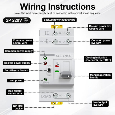 Dual Power Automatic Transfer Switch ATS 2P 63A 220V For Home Backup Power wiring diagram with manual override and DIN-rail mount