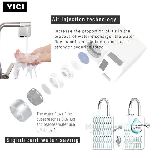 Hands Free Faucet Adapter For Kitchen And Bathroom Sink With 0.25 Second Sensing Dual Mode Touchless Technology IPX6 Waterproof Level One Water Efficiency Save Water And Prevent Contamination Easy Install shown in air injection technology diagram.