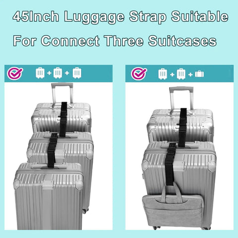 2 Pack Luggage Straps For Carry On Bags Adjustable Suitcase Belt Travel Attachment To Connect Your Three Luggages Green Heavy Duty Buckle Closure Grab And Go Clip For Easy Baggage Consolidation On The Fly securing suitcases and a bag.