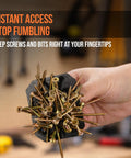 Hand holding a Magnetic Tool Belt Holder Clip On Magnet Holster With 20 Pound Capacity for screws and hardware