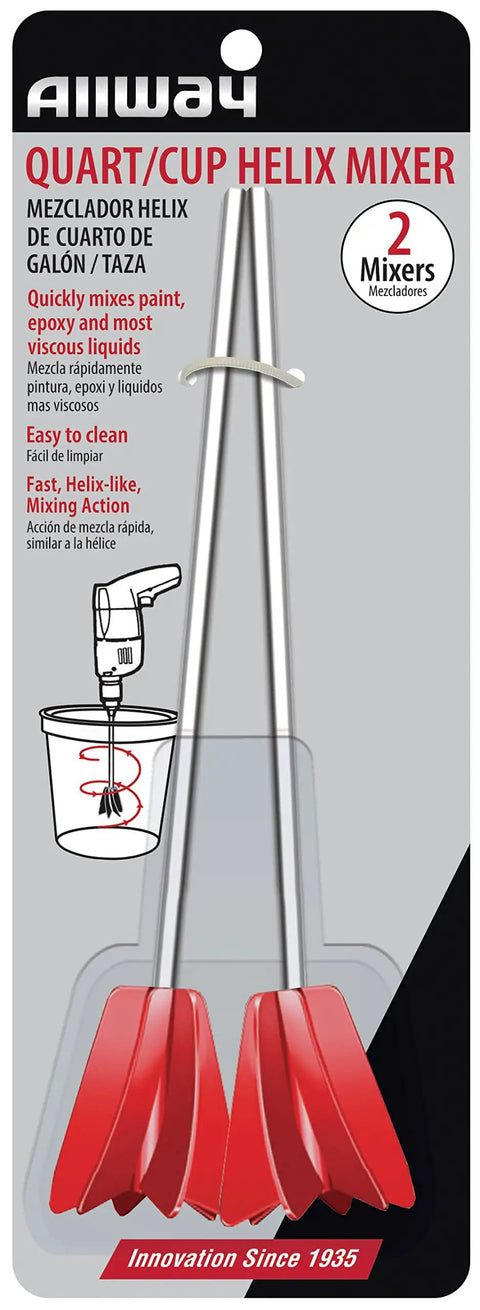 Helix Paint Mixer Drill Attachment for 1 Quart and 1 Cup Containers Two Pack, shown in retail packaging with red heads