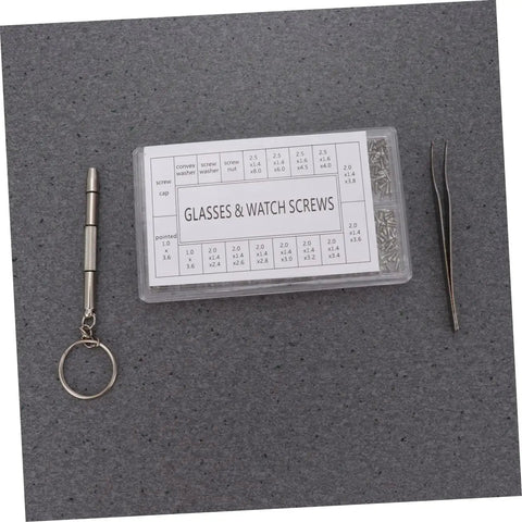 1000 Piece Stainless Steel Miniature Screws Kit For Glasses Phones Watches And Eyewear With Screwdriver And Tweezers Included All In One Assorted Sizes Rust Resistant Easy Install Go To Repair Set visible with screws, a screwdriver, and tweezers.