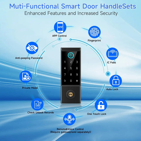 Premium Heavy Duty Smart Door Lock With App Control And Fingerprint Entry For Main Entrances showing app control, auto lock, and fingerprint features.
