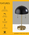 Two-Light Table Lamp With Black Dome Shade And Antique Brass Finish, dual pull chains, perfect for bedroom and living room.