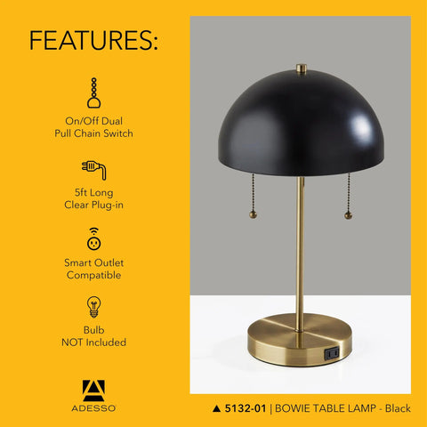 Two-Light Table Lamp With Black Dome Shade And Antique Brass Finish, dual pull chains, perfect for bedroom and living room.