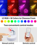 Cordless Indoor RGBW LED Spotlight Kit With Remote Control 13 Color Options display with manual and remote control features
