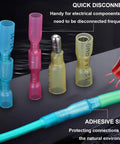 Front view of heat-shrink bullet connectors kit, 110 pcs, assorted colors, 22-10 AWG, waterproof automotive connectors