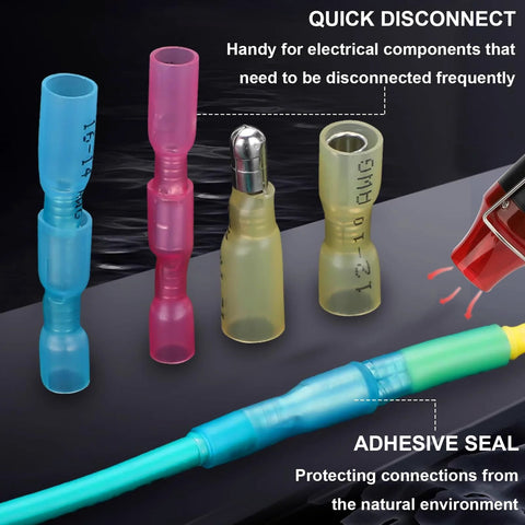 Front view of heat-shrink bullet connectors kit, 110 pcs, assorted colors, 22-10 AWG, waterproof automotive connectors