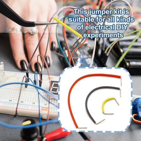 Person using 560 Piece Breadboard Jumper Wire Kit With PCB Circuit Board Assortment 14 Lengths Wires Includes Tweezers And Transparent Storage Box For Do It Yourself DIY Electronics Projects Dope Kit