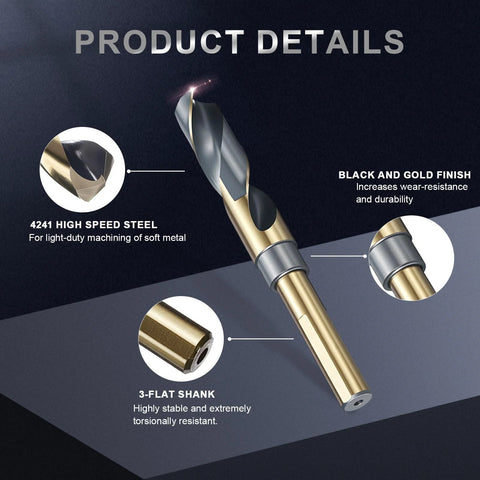 uxcell drill bit, 23/32 in, 1/2 in reduced 3-flat shank, high-speed steel, black and gold finish