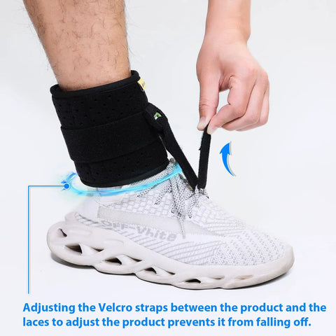 Adjustable Drop Foot AFO Brace for Unisex Use, Right or Left Foot Ortho showing Velcro adjustment on sneaker