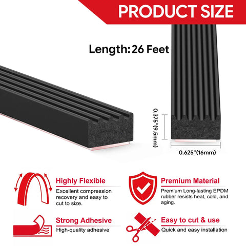 26 Ft EPDM Rubber Weather Stripping Foam Self Adhering RV Door Seal with dimensions and features illustrated