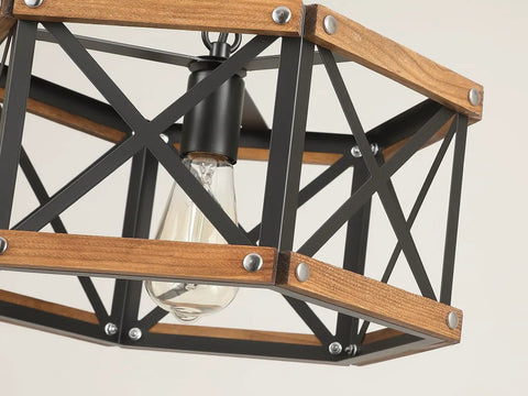 Kickass 14 Inch Black Farmhouse Pendant Light With Plug In Dimmable Switch And Adjustable Woven Cord For Kitchen Island Or Dining Room Heavy Oak Wood And Metal Cage Fixture Giving Major Rustic Vibes That Goes Hard On Sloped Ceilings close-up of black metal cage with oak wood details and exposed bulb.