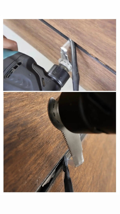 10 Pack 1 Inch Stainless Steel Serrated Caulking Scrapers For Oscillating Multi Tools in use, removing caulk from wood surface.